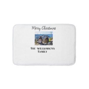 simple minimal merry Christmas add family name tex Bath Mat