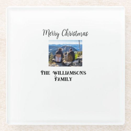 simple minimal merry Christmas add family name tex Glass Coaster