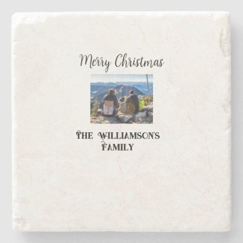 simple minimal merry Christmas add family name tex Stone Coaster