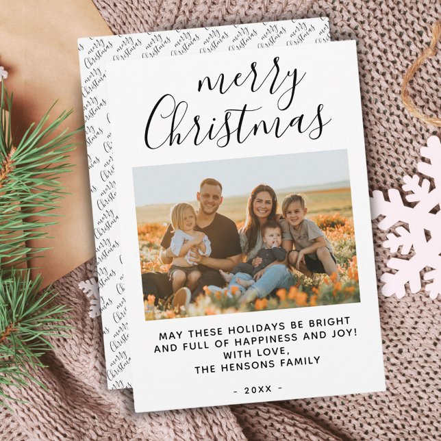 Simple Minimal Merry Christmas Script Family Photo Holiday Card (Creator Uploaded)