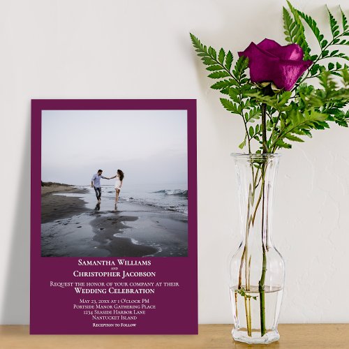 Simple Minimal Modern Cassis Purple Photo Wedding Invitation