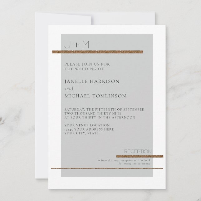 Simple Minimal Modern Gray Grey Gold White Wedding Invitation (Front)