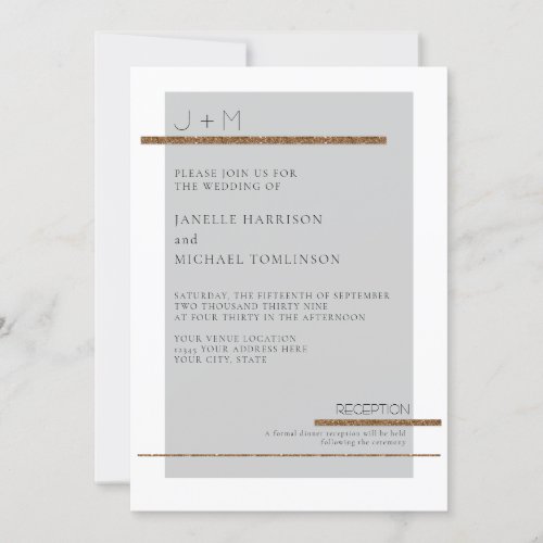 Simple Minimal Modern Gray Grey Gold White Wedding Invitation