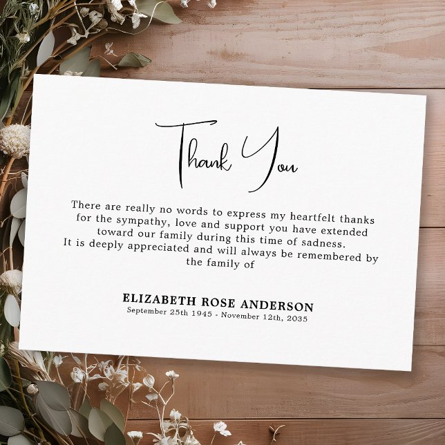 Simple Minimal Modern Memorial Sympathy Funeral Thank You Card (Creator Uploaded)