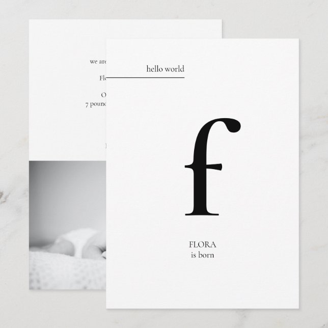Simple Minimal Modern Monogram Photo Baby Birth  Announcement (Front/Back)