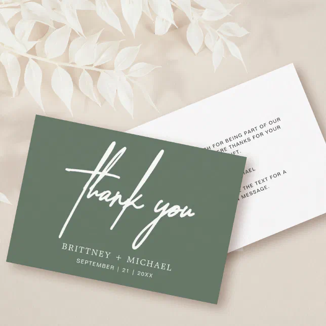 Simple Minimal Modern Sage Green Wedding Thank You Card | Zazzle