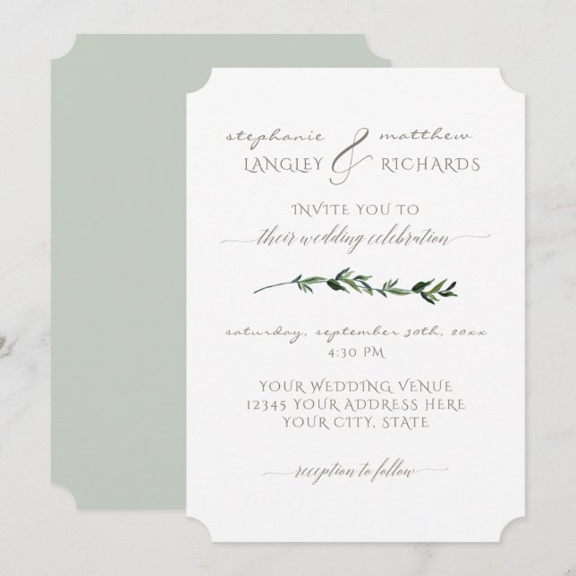 Simple Minimal Modern Watercolor Foliage Greenery Invitation (Front/Back)