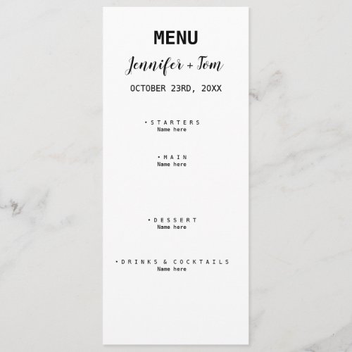 simple minimal modern wedding menu card