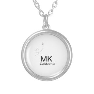 Simple minimal monogram add text travel plane phot silver plated necklace