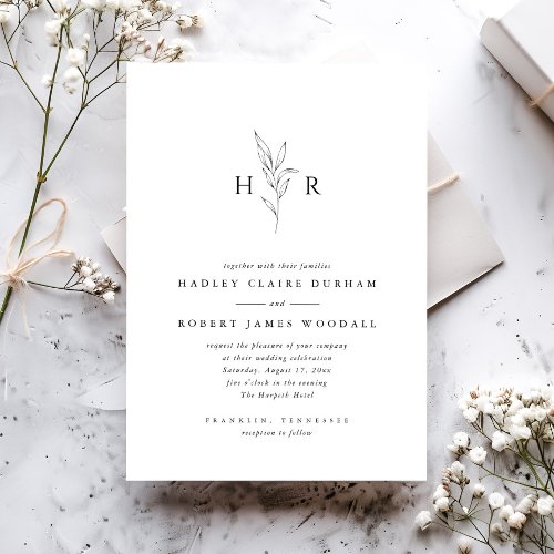 Simple Minimal Monogram Botanical Wedding Invitation