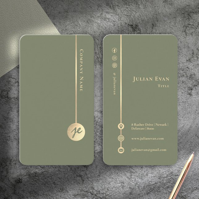 Simple Minimal Monogram Elegant Sage Green & Gold Business Card (Simple Minimal Monogram Elegant Sage Green & Gold Business Card)