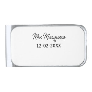 simple minimal monogram mrs Mr name date year Thro Silver Finish Money Clip