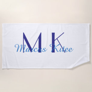 simple minimal monogram personalized name blue ret beach towel
