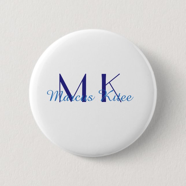 simple minimal monogram personalized name blue ret button (Front)