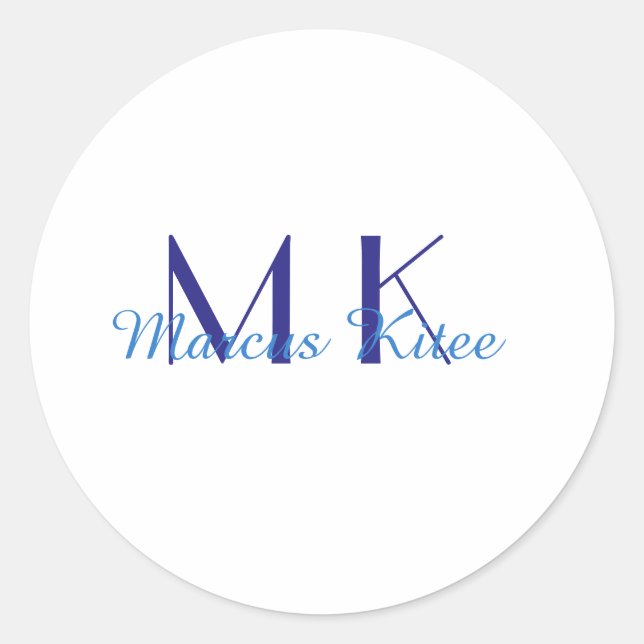 simple minimal monogram personalized name blue ret classic round sticker (Front)