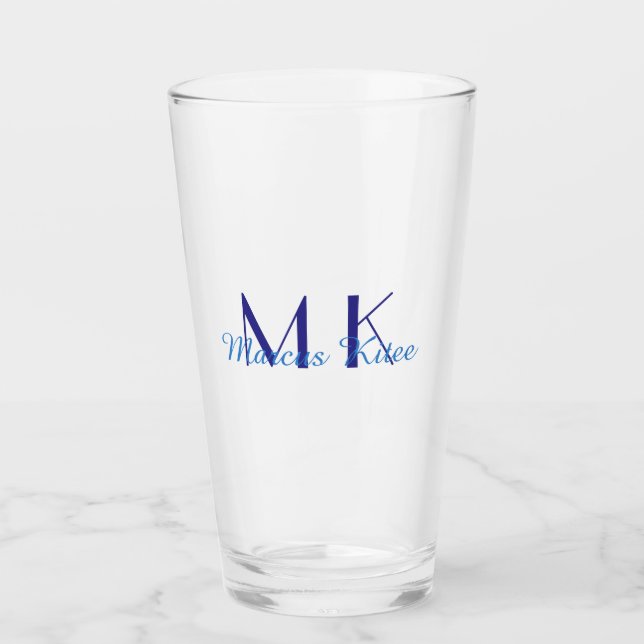 simple minimal monogram personalized name blue ret glass (Front)