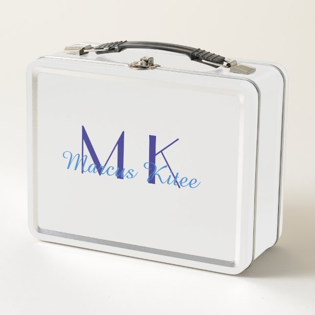 simple minimal monogram personalized name blue ret metal lunch box (Front)