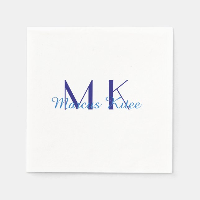 simple minimal monogram personalized name blue ret napkins (Front)