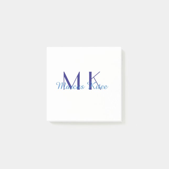 simple minimal monogram personalized name blue ret post-it notes (Front)