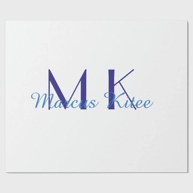 simple minimal monogram personalized name blue ret wrapping paper (Flat)