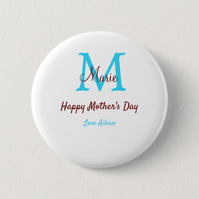 simple minimal mother's day blue monogram pink nam button (Front)
