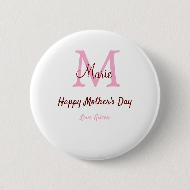 simple minimal mother's day monogram pink name tex button (Front)