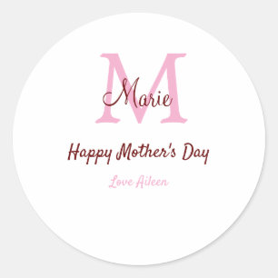 simple minimal mother's day monogram pink name tex classic round sticker