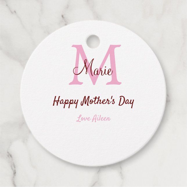 simple minimal mother's day monogram pink name tex favor tags (Front)