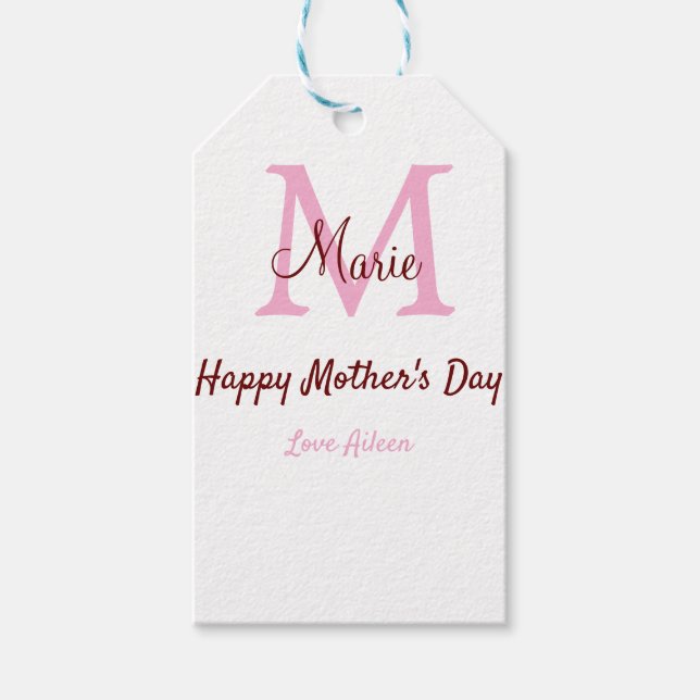 simple minimal mother's day monogram pink name tex gift tags (Front)