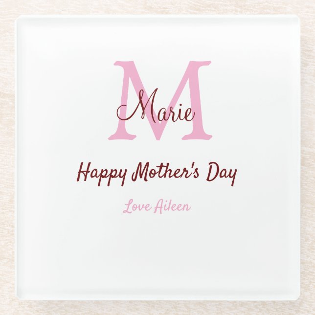 simple minimal mother's day monogram pink name tex glass coaster (Front)