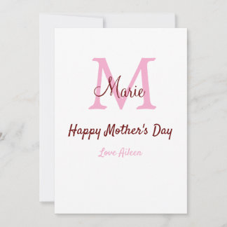 simple minimal mother's day monogram pink name tex holiday card