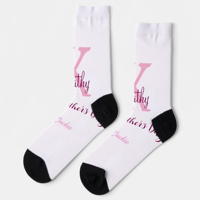 simple minimal mother's day monogram pink name tex socks (Left)