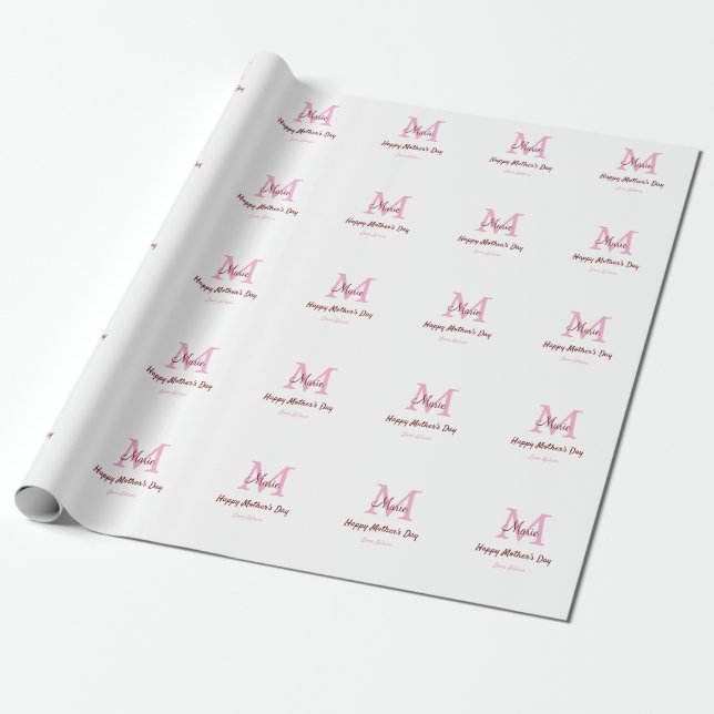 simple minimal mother's day monogram pink name tex wrapping paper (Unrolled)