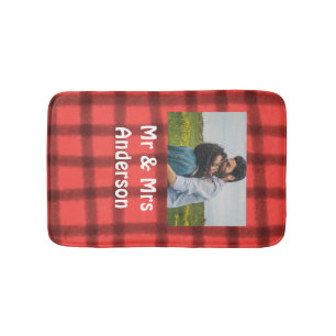 Simple minimal mr and mrs add your name photo red  bath mat