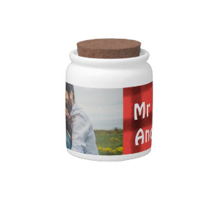 Simple minimal mr and mrs add your name photo red  candy jar
