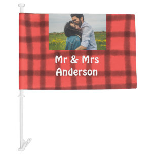 Simple minimal mr and mrs add your name photo red car flag