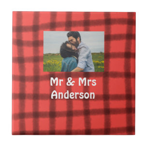 Simple minimal mr and mrs add your name photo red ceramic tile