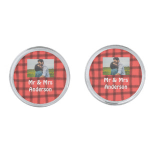 Simple minimal mr and mrs add your name photo red cufflinks