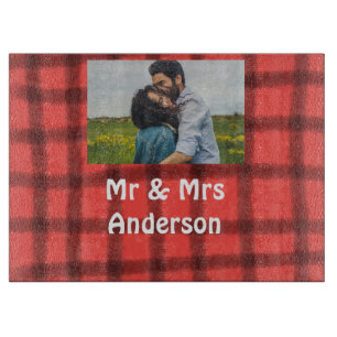 Simple minimal mr and mrs add your name photo red  cutting board