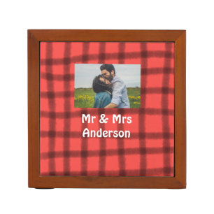 Simple minimal mr and mrs add your name photo red desk organizer