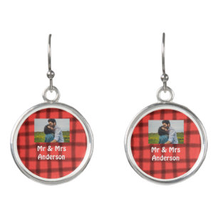 Simple minimal mr and mrs add your name photo red earrings
