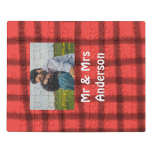 Simple minimal mr and mrs add your name photo red jigsaw puzzle
