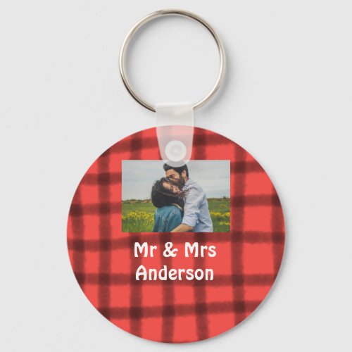 Simple minimal mr and mrs add your name photo red  keychain