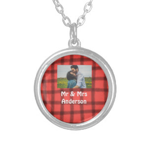 Simple minimal mr and mrs add your name photo red silver plated necklace