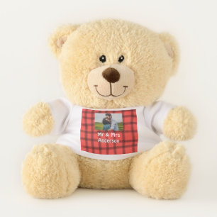 Simple minimal mr and mrs add your name photo red teddy bear