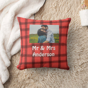 Simple minimal mr and mrs add your name photo red throw pillow