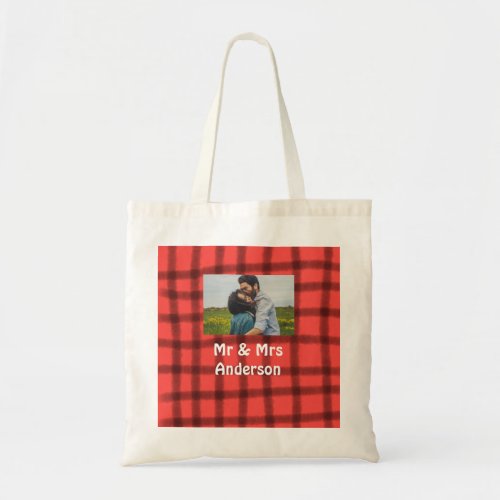Simple minimal mr and mrs add your name photo red  tote bag