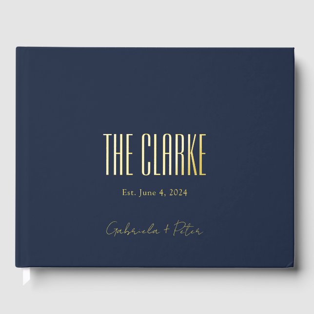 Simple Minimal Navy and Gold Foil Modern Wedding Guest Book (Front)