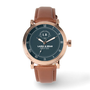 Simple Minimal navy blue Monogram couple names Watch