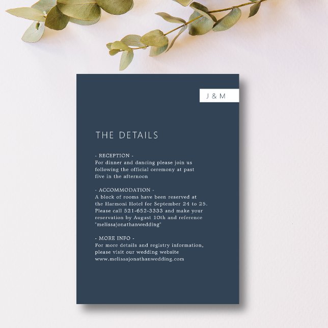 Simple Minimal Navy Blue Monogram Wedding Details Enclosure Card (Creator Uploaded)